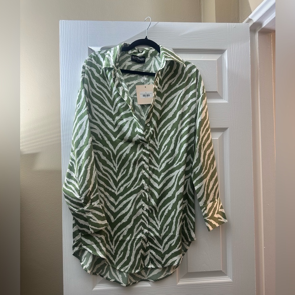 Kittenish Olive and White Zebra-Stripe Blouse